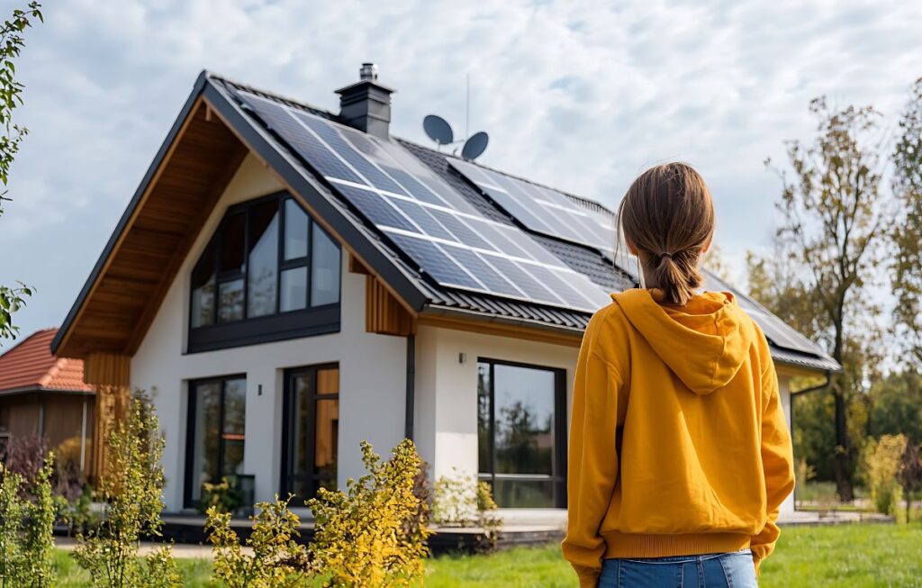 Woman viewing modern house with solar panels on sunny day