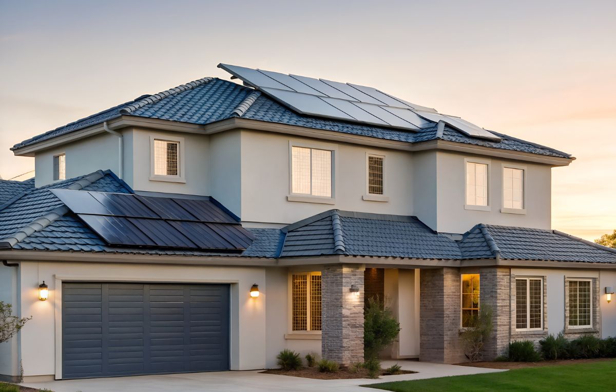 Modern suburban home with solar panels on dark tile roof at dusk