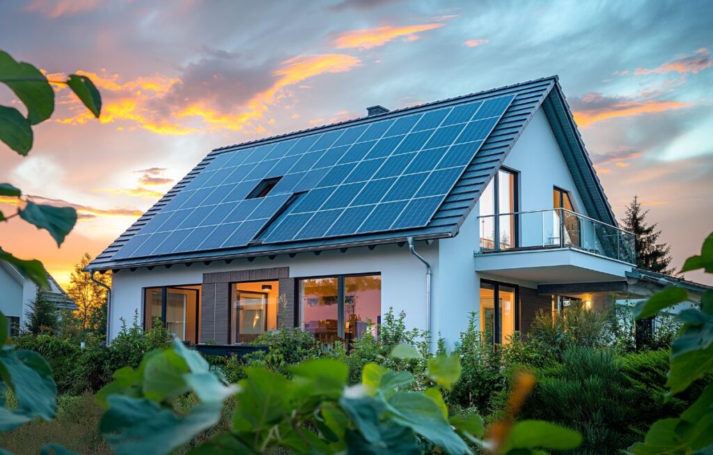 Modern home with rooftop solar panels at sunset, illustrating how long a solar battery can power a house for New York State Solar Farm