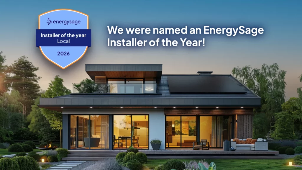 Modern solar home at dusk with EnergySage 2026 Installer of the Year award badge and text