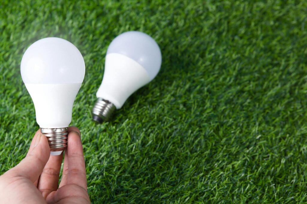 Alt Text: Hand holding an LED light bulb over green grass, illustrating sustainable energy-efficient home tips to reduce power consumption