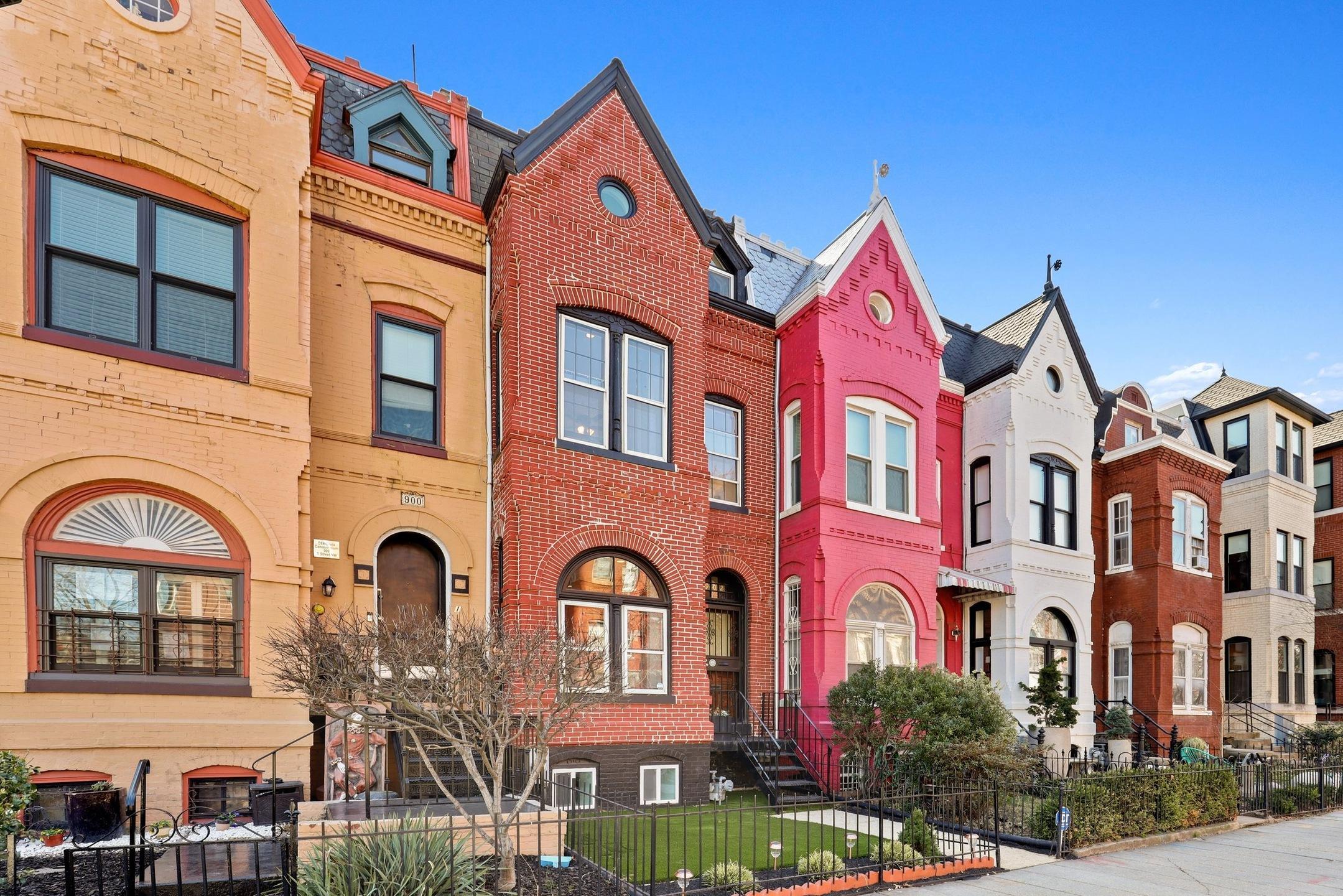 Colorful row houses in a residential neighborhood