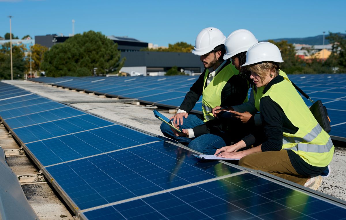 Solar technicians testing rooftop solar panels during system commissioning