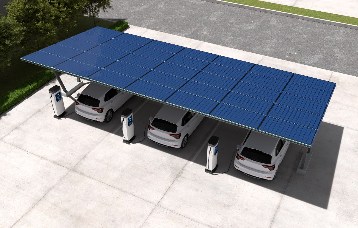 Solar carport with EV charging stations for parked electric vehicles
